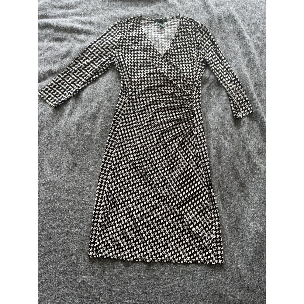 Lauren Ralph Lauren Black White Houndstooth Faux Wrap Dress Size M